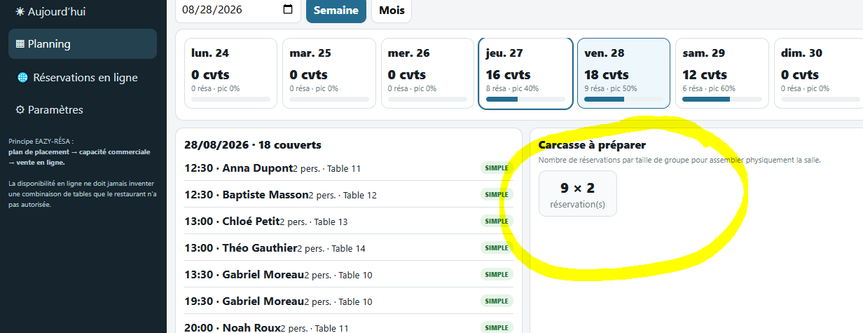 Aperçu du planning EAZY RÉSA